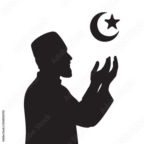 Silhouette of a muslim man praying under the crescent moon and star
