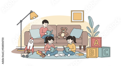 Young Children Enjoying Story Time Together Reading Books and Playing with Toys Indoors