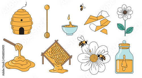 Illustrations of Beekeeping Supplies Honeycomb Bees Flowers and Delicious Sweet Honey Products