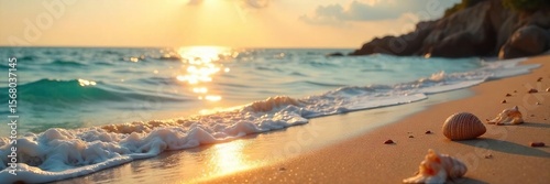 Golden Hour Seashore Tranquil Waves, Sandy Beach, Seashells, Summer Vacation Relaxation