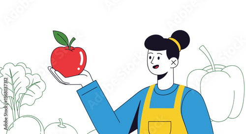 A Farmer Holding a Fresh Apple Amidst Lush Garden Produce