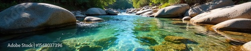 Serene Freshwater Stream Flowing Over Smooth Rocks in Sunlight Pristine Nature Scene Ideal for Travel, Environmental, and Ecosystem Themes
