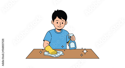 A young person is diligently cleaning a table with a cloth and spray bottle in a bright and cheerful illustration