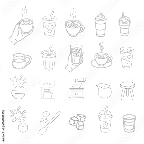 Hand Drawn Coffee Drink Vector Set. A curated collection of hand-drawn coffee illustrations. Modern coffee vector set featuring various drinks. Minimalist hand-drawn coffee vector set.