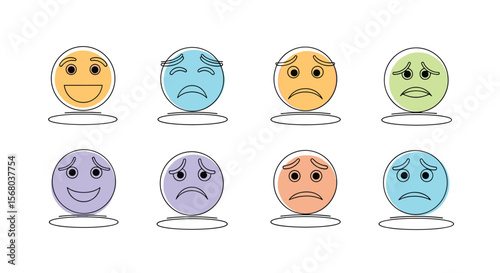 Expressive Circle Faces Depicting a Range of Human Emotions and Feelings Illustrated