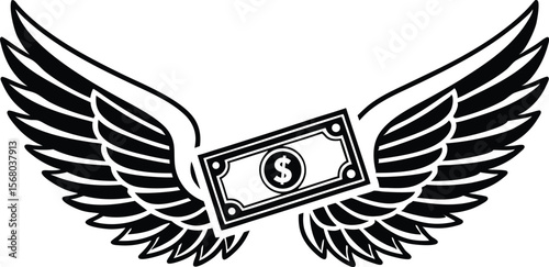 Money with wings concept currency wealth success economic freedom metaphor silhouette black vector illustration