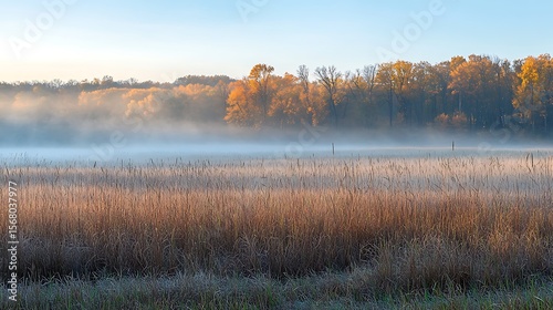 Autumnal Fog Over Marsh Grass And Trees