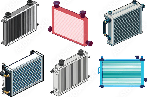 3D Vector Illustration of Car Radiators – Isometric Front-Side Automotive Cooling System Designs. 