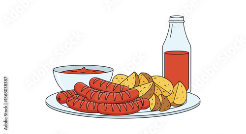 Hearty Sausage and Potato Meal with Condiments and Drink