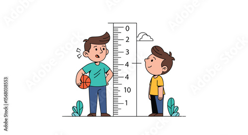 Children measuring their height on a ruler next to each other showing a size difference