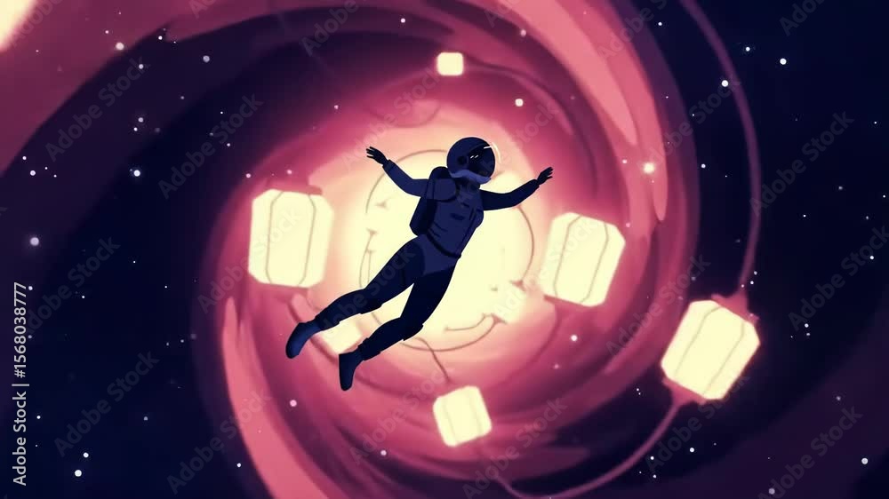 Floating Through Space Illustration with Glowing Lanterns