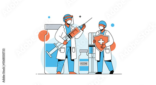 Two doctors in protective suits and masks preparing a vaccination with large syringe and protective shield