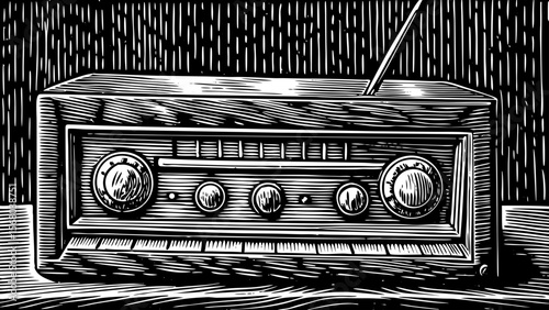 A retro radio box with knobs and antenna, perfect for audio content, broadcast history, or music-themed posters vector a black and white line art illustration
