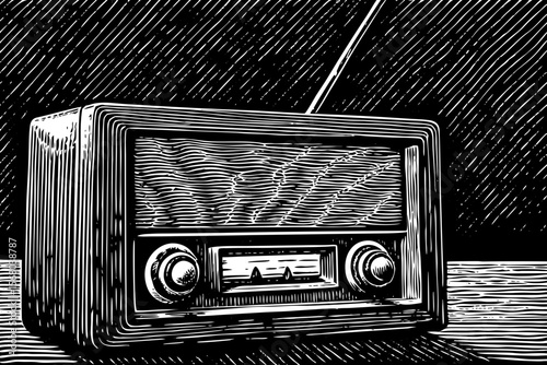 A retro radio box with knobs and antenna, perfect for audio content, broadcast history, or music-themed posters vector a black and white line art illustration