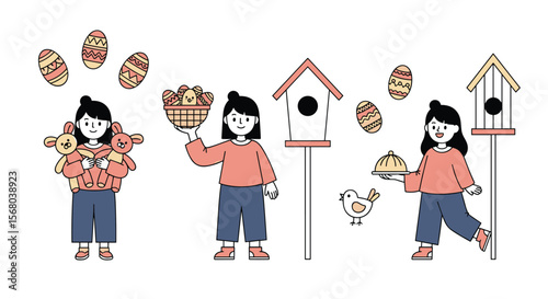 Children Enjoying Spring Activities with Birds and Easter Eggs