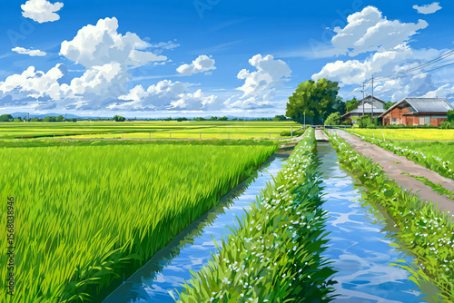 Lush rice fields stretch under a blue sky filled with fluffy clouds, bordered by a winding waterway and houses