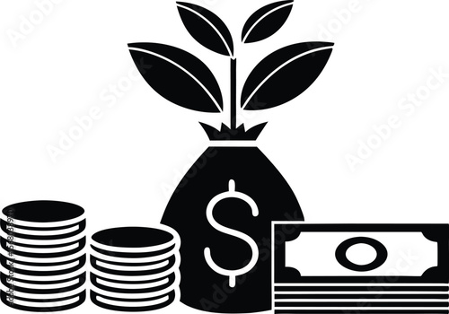 Financial growth and investment money bag with coins around it silhouette black vector illustration
