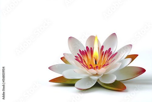A delicate water lily candle emits a gentle flame, surrounded by serene white space, creating a tranquil atmosphere