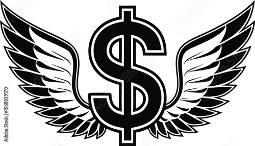 Dollar sign and wings emblem symbol financial prosperity design silhouette black vector illustration
