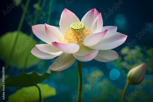 A vibrant lotus flower opens fully in a tranquil pond under bright sunlight, showcasing delicate pink petals