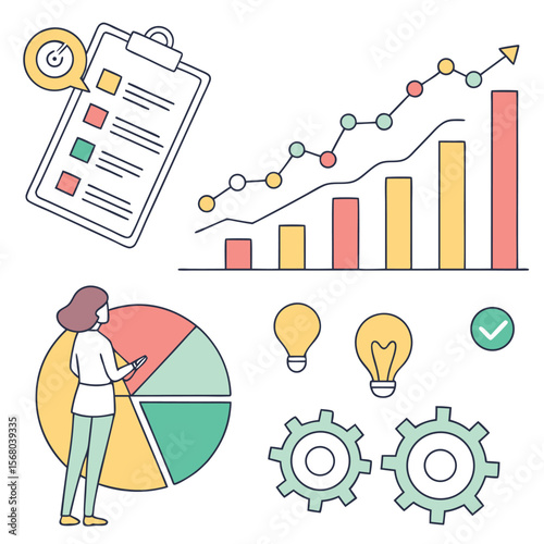 Business analytics and strategy elements including charts graphs and a checklist