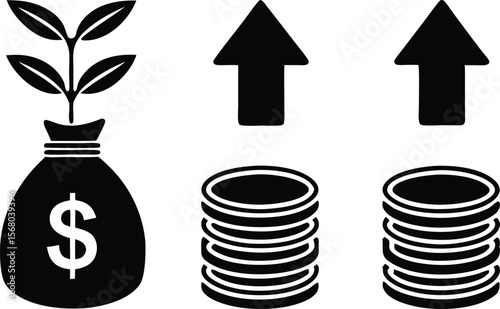 Invest wisely, grow money tree, increase your coins everyday silhouette black vector illustration