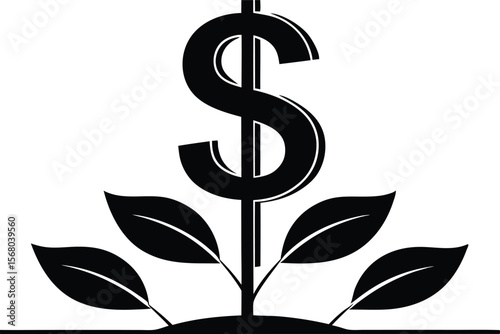 Dollar plant showing the metaphor of money growth and business silhouette black vector illustration