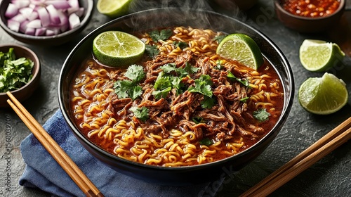 Birria ramen bowl featuring tender pulled beef, spiral noodles in spiced broth with cilantro garnish, lime halves and wooden chopsticks on textured background