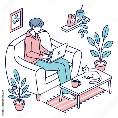 Person working on laptop in cozy living room with cat and plants