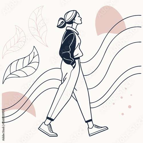Stylized illustration of a woman walking with a ponytail and casual clothing