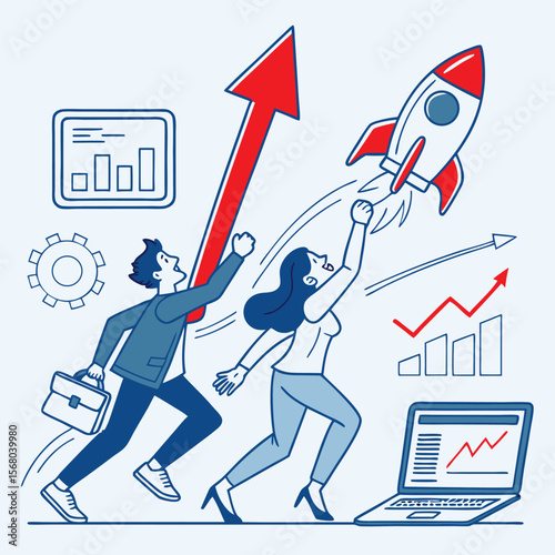Business people launching a rocket with upward trending graphs and charts symbolizing success