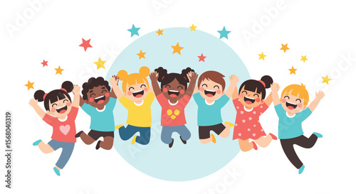Joyful Diverse Group of Children Celebrating Success and Happiness Together with Stars
