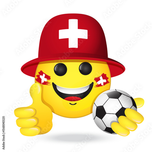 Football fan, emoji in Swiss flag colors hat. Vector emoticon smiles holding thumb up, with soccer ball. Yellow emoticon for internet chats, sports bars. Isolated icon for mobile apps, social media