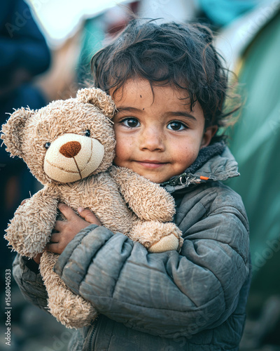 AI Generated Image: Child Refugee's Embrace - Hope and Resilience in a Refugee Camp