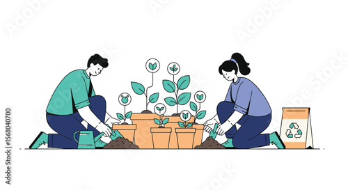 People planting together nurturing growth in a garden with recycling symbol bag nearby illustrating sustainable practices