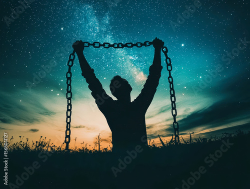 AI Generated: Silhouette of Man Breaking Free Under Starry Night Sky - Digital Art