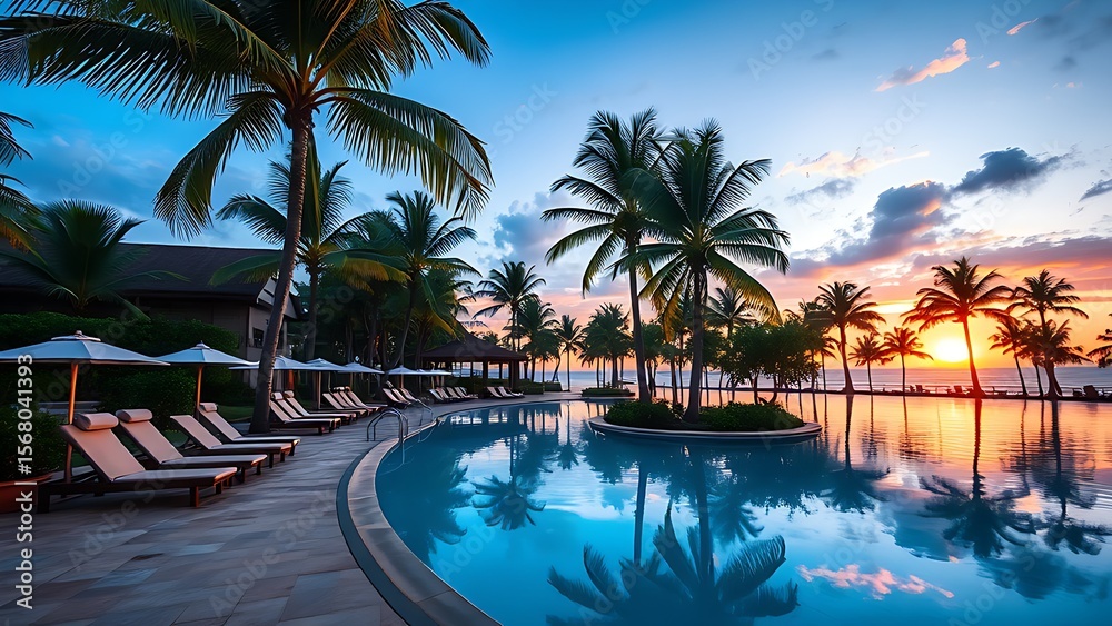 Fototapeta premium A tropical resort poolside with empty loungers and sunset reflections, creating a romantic escape.