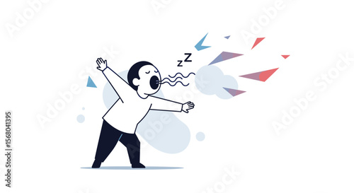 Man exhaling colorful abstract shapes while sleeping soundly with closed eyes and open mouth