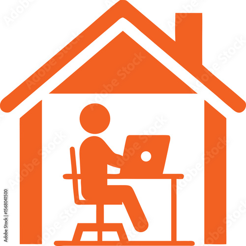 Person working on laptop inside house icon desk chair