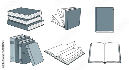 Collection of Artistic Illustrations Depicting Various Books and Reading Materials in Different Formats and Arrangements