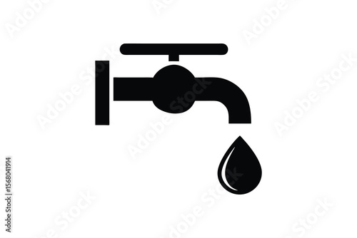 A simple black silhouette of a water faucet or tap with a single drop of water falling from its spout against a clean white background representing water conservation and resource management