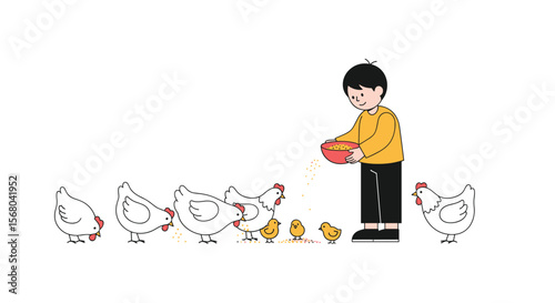 A Person Feeds A Flock Of Chickens And Chicks On A Farm