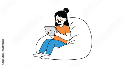 Young Girl Enjoying Tablet While Relaxing on Comfortable Beanbag Chair Happy and Engaged