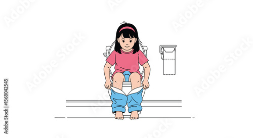 Child Learning Potty Training A Young Girl Sits On The Toilet Ready For Instruction