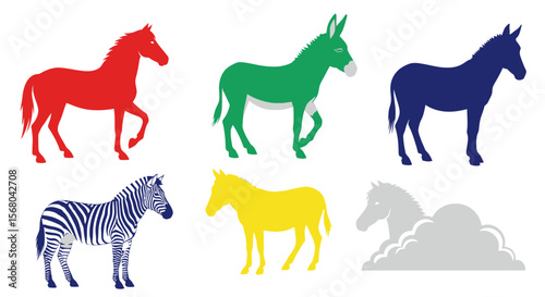 Vector colorful silhouettes of horse donkey and zebra vector illustration animal species equine mammal art design 100