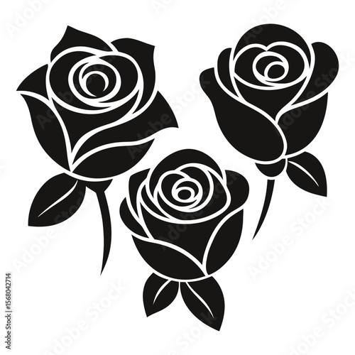 Set of Three Rose Flower Silhouettes – Black Vector on White Background