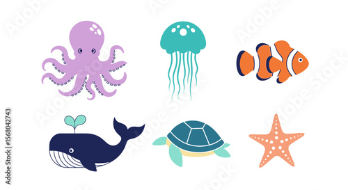Vector ocean animals vector illustration: octopus, jellyfish, clownfish, whale, turtle and starfish design art