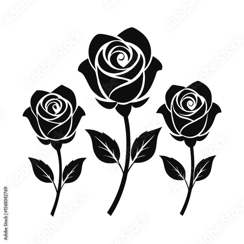 Set of Three Rose Flower Silhouettes – Black Vector on White Background