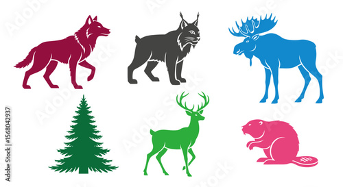 Vector wildlife vector illustration featuring forest animals such as wolf lynx moose deer beaver and tree design