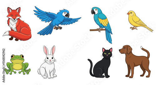 Vector cartoon animals illustration featuring fox, parrots, canary, frog, rabbit, cat and dog clip art drawing